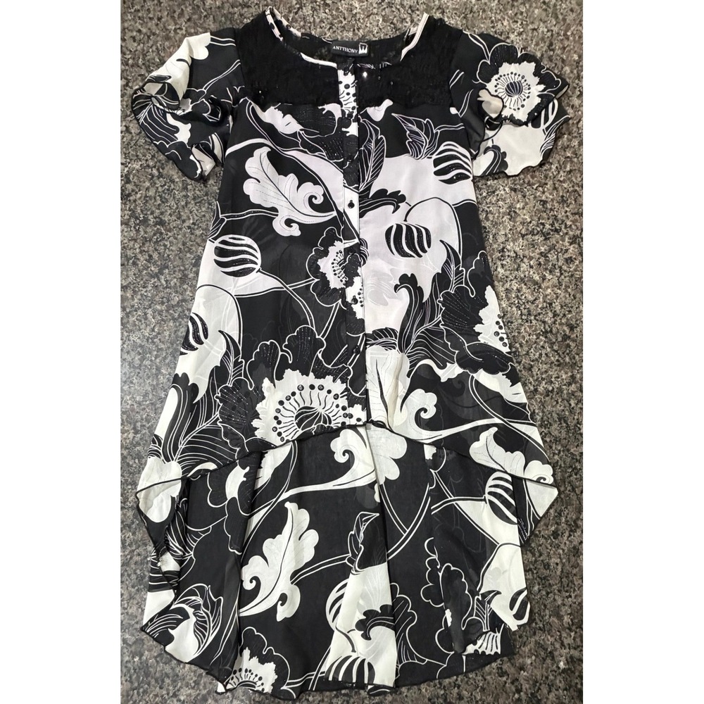 Antthony Black White Floral Sequin Lace High Low Tunic Blouse Top Womens 10